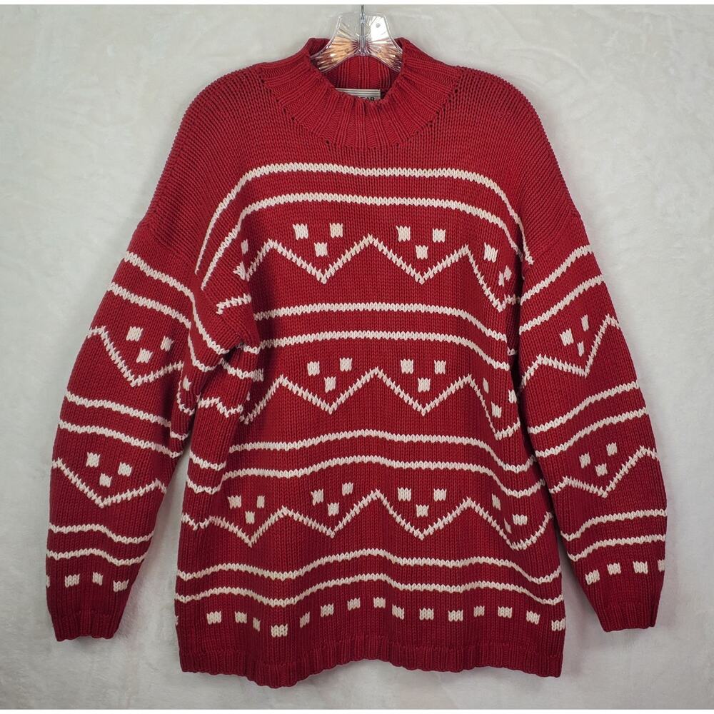 Vtg Jones Wear Sport Mock Neck Oversized Chunky Red Sweater Women Small Cotton